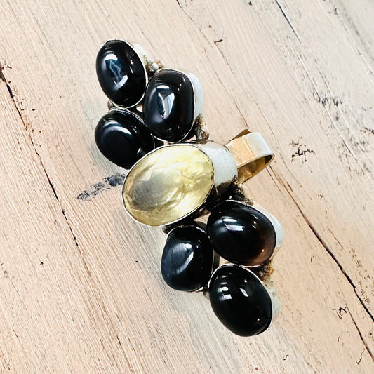 Black & Citrine Stone Elongated Coin Silver Ring