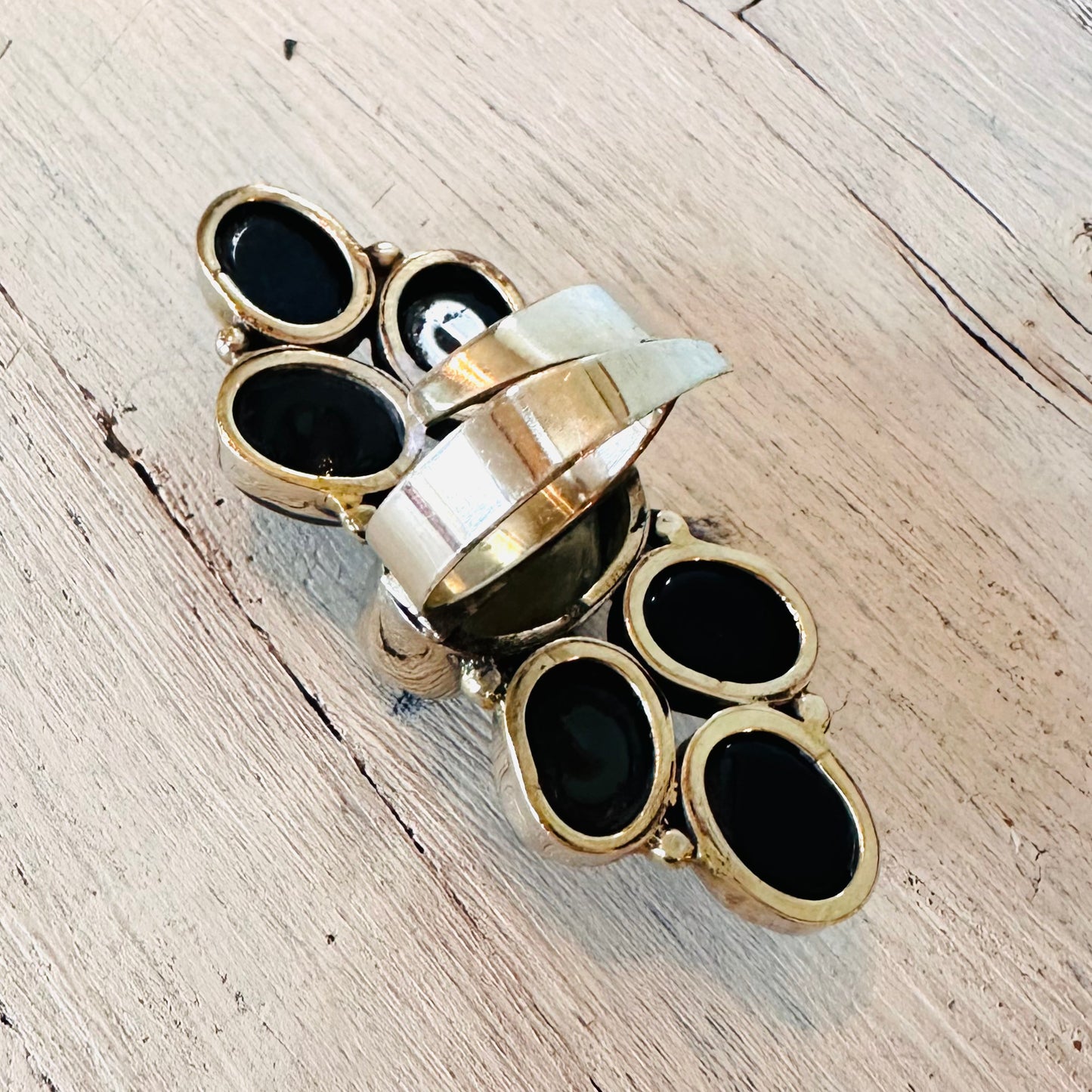 Black & Citrine Stone Elongated Coin Silver Ring