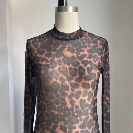 Dark Leopard Print Mesh Long Sleeve Top