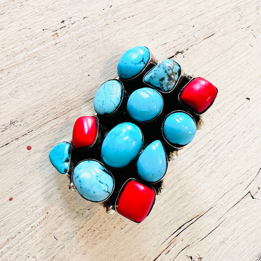 Red & Turquoise Stone Cluster Coin Silver Ring