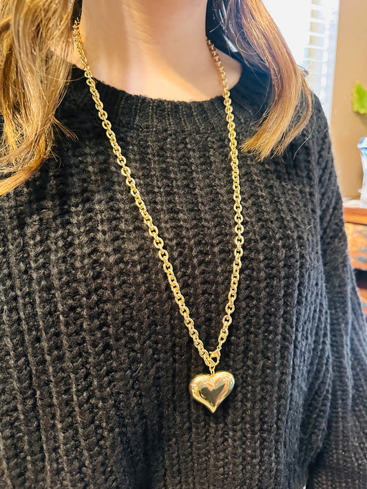 32" Gold Puff Heart Necklace