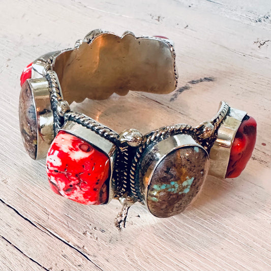 Large Red & Brown Stone Coin Silver Cuff Bracelet