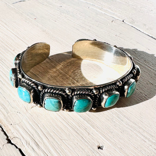 Square Turquoise Stone Coin Silver Cuff Bracelet