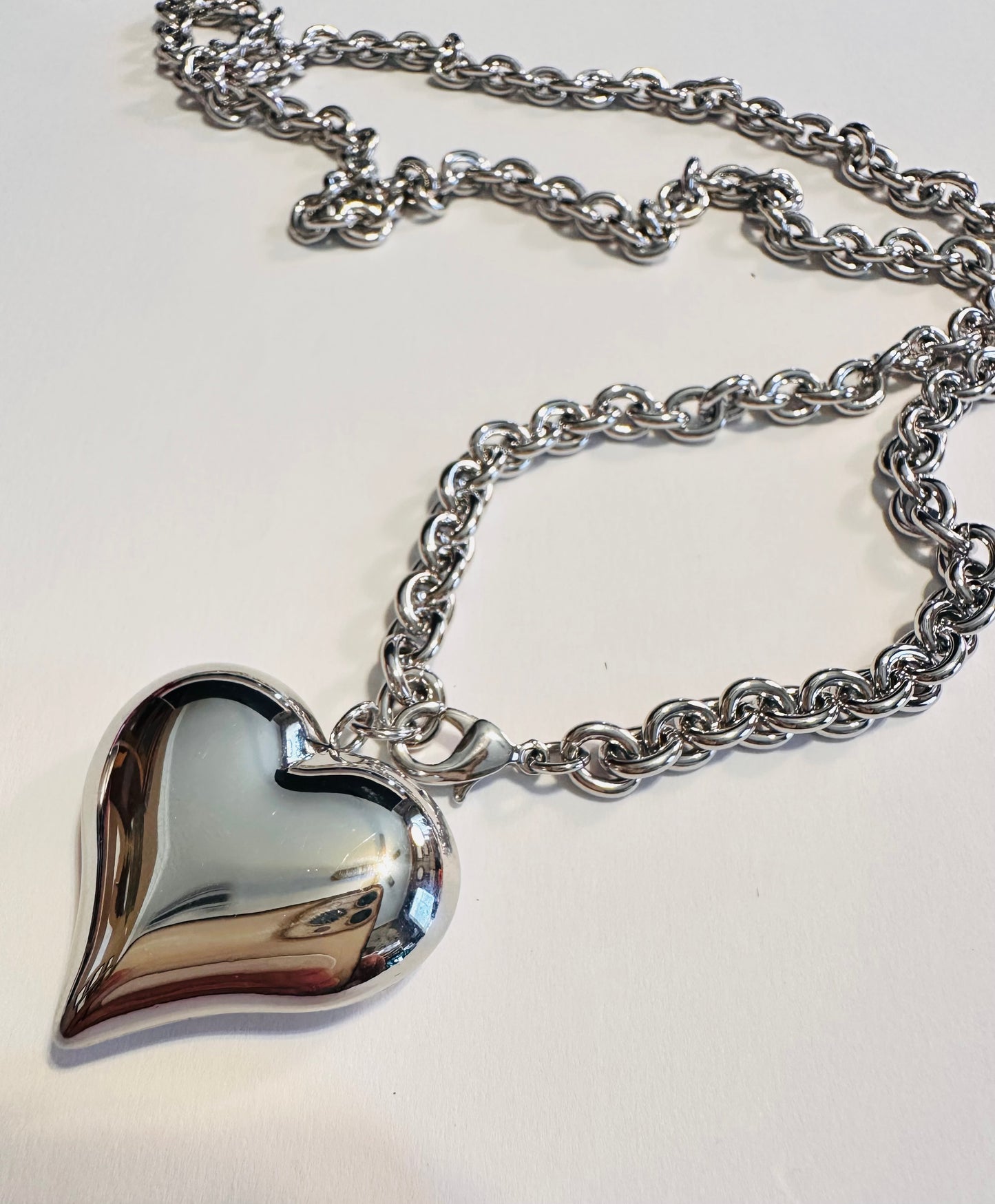 32" Silver Puff Heart Necklace