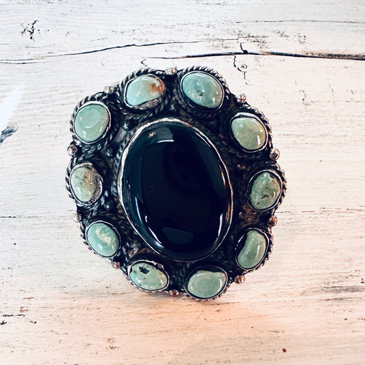 Black & Turquoise Stone Concho Style Coin Silver Ring
