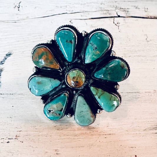 Turquoise Stone Flower Coin Silver Ring