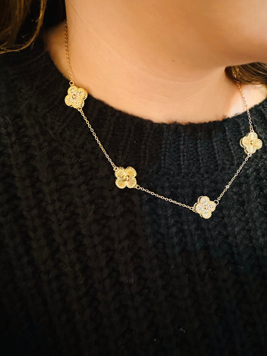 5 CZ & Gold Burst Clover Necklace