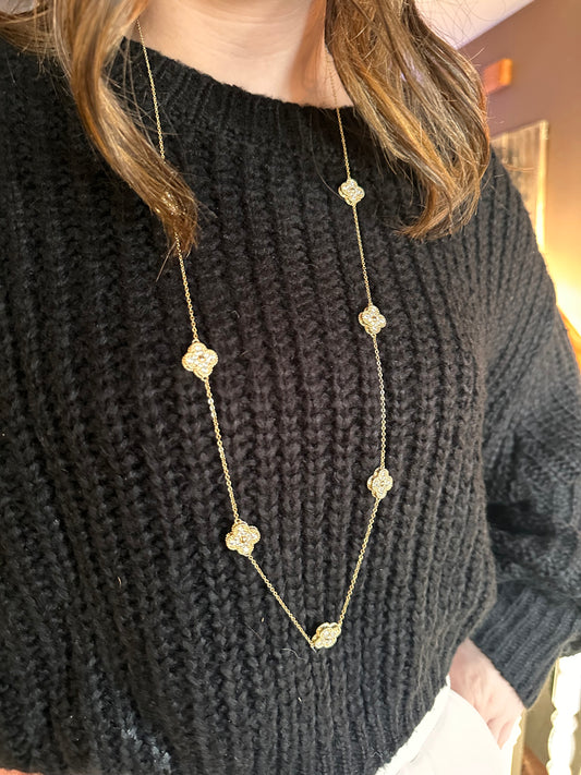 34" Gold & CZ Clover Necklace