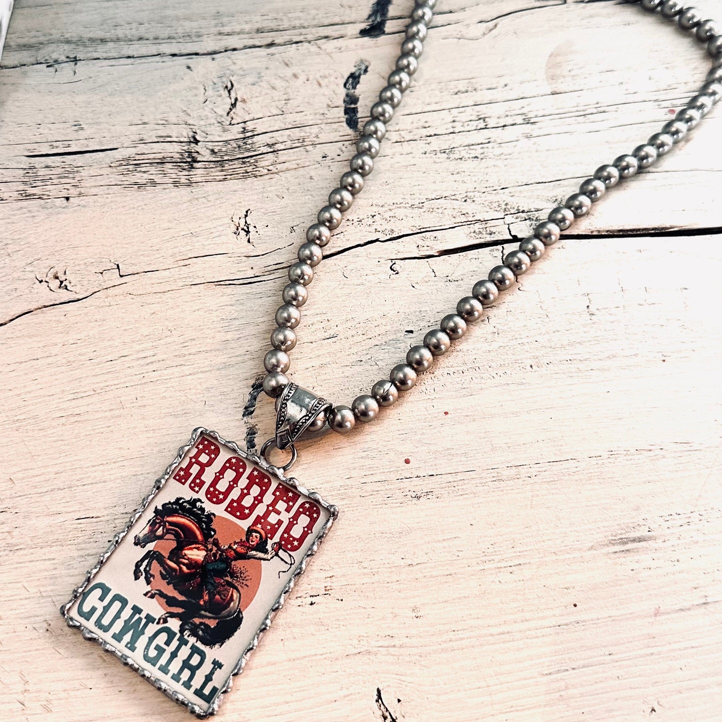 8mm Pewter Pearl Necklace with Rodeo Cowgirl Pendant
