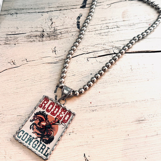 8mm Pewter Pearl Necklace with Rodeo Cowgirl Pendant