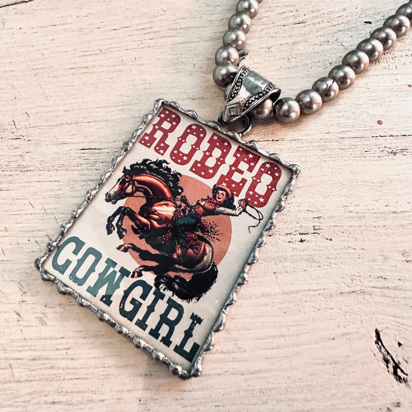 8mm Pewter Pearl Necklace with Rodeo Cowgirl Pendant