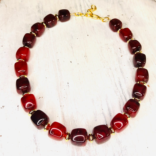 Deep Red Chunky Square Resin Bead Necklace