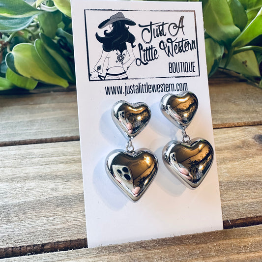 Silver Double Puff Heart Post Earring