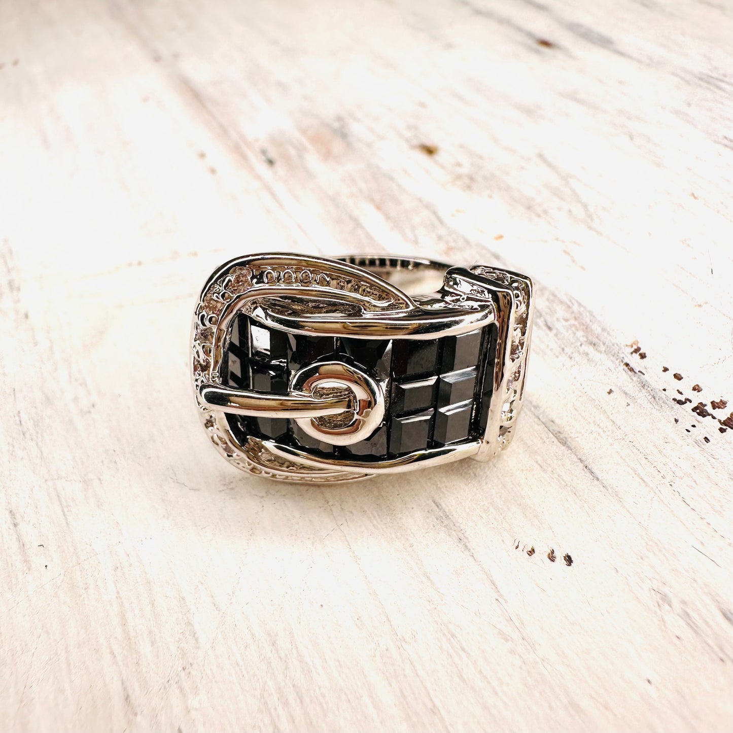 Black & CZ Stone Buckle Ring