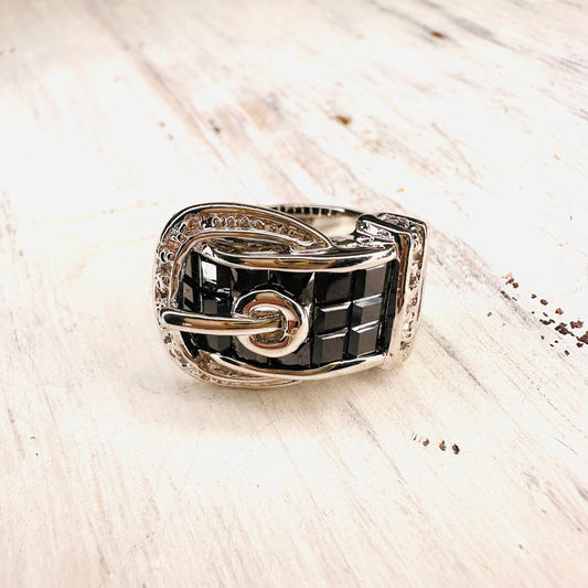 Black & CZ Stone Buckle Ring