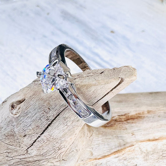 Silver & CZ Stone with Baguettes Ring
