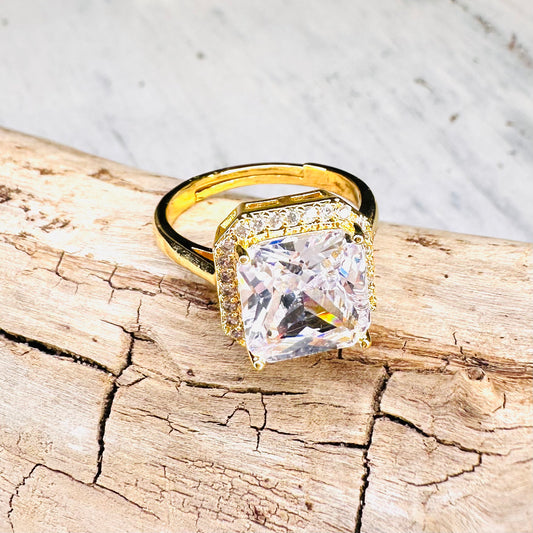 Square CZ & Gold Adjustable Ring