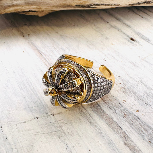 Gold & All Over Inset CZ Dome Adjustable Ring