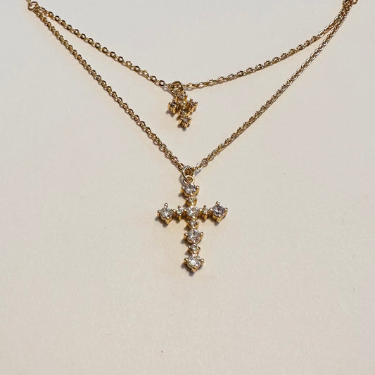 Gold Dipped CZ Cross Layered Necklace