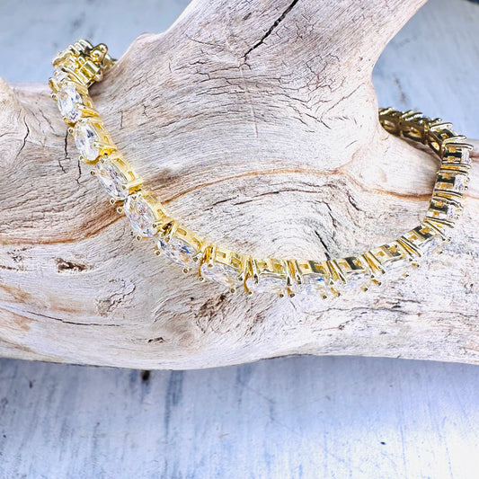 Clear Oval CZ Gold Tennis Bracelet