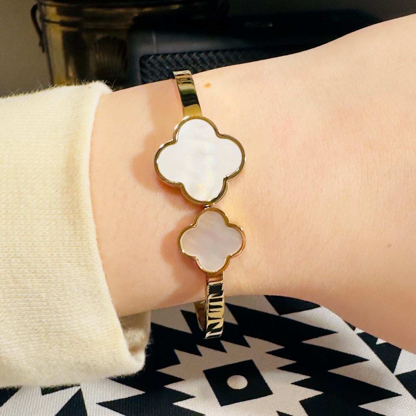 Gold & Mother of Pearl Double Clover Hinged Bracelet