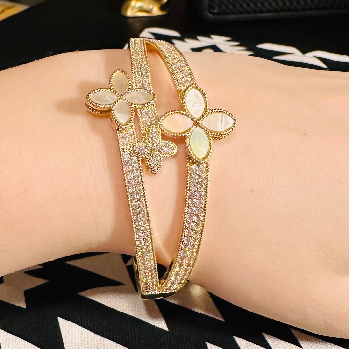 Gold, Pearl, & CZ Multi Clover Hinged Bracelet