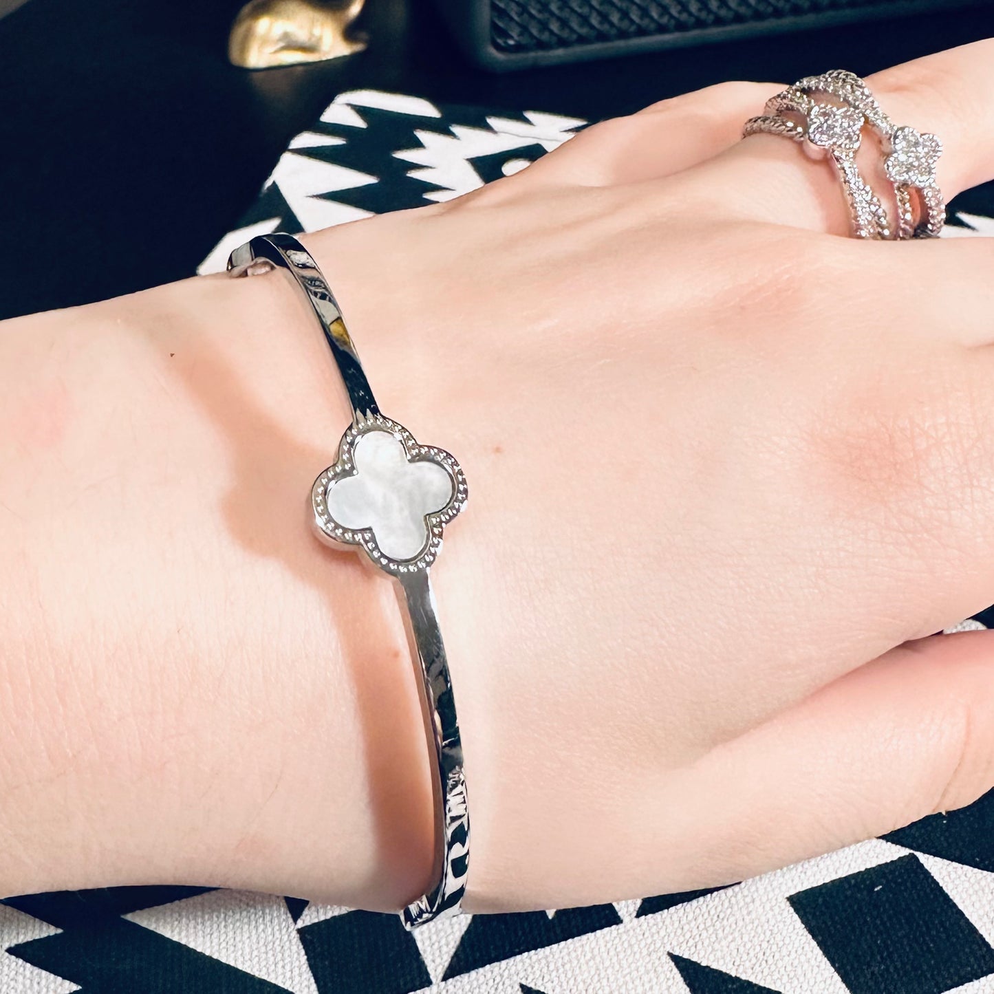 Silver & Mother of Pearl Clover Hinge Cuff Bracelet