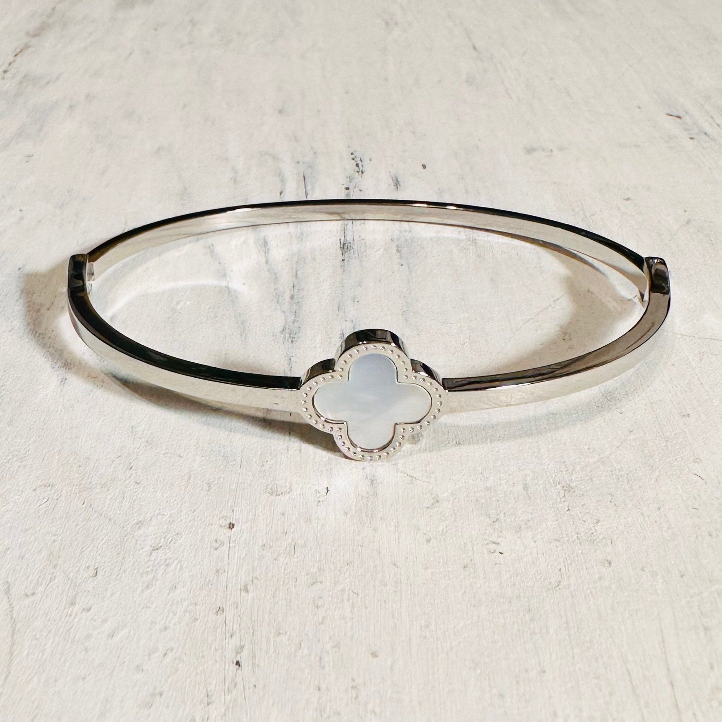 Silver & Mother of Pearl Clover Hinge Cuff Bracelet