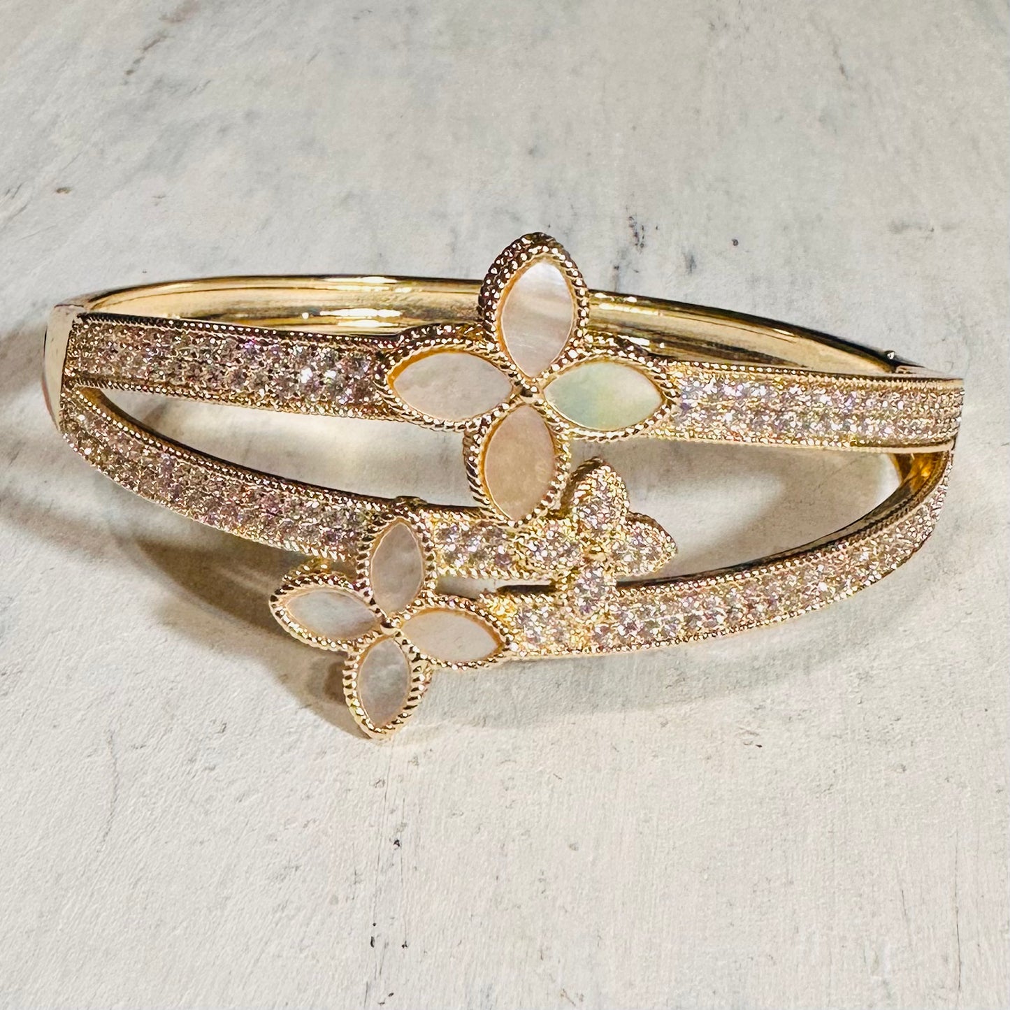 Gold, Pearl, & CZ Multi Clover Hinged Bracelet