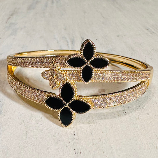 Gold, Black, & CZ Multi Clover Hinged Bracelet