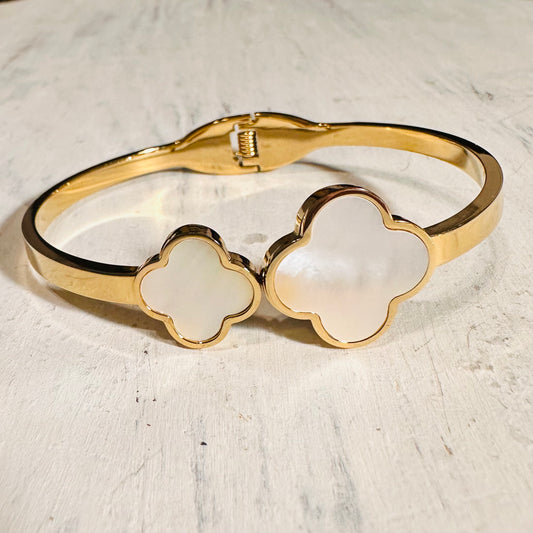 Gold & Mother of Pearl Double Clover Hinged Bracelet