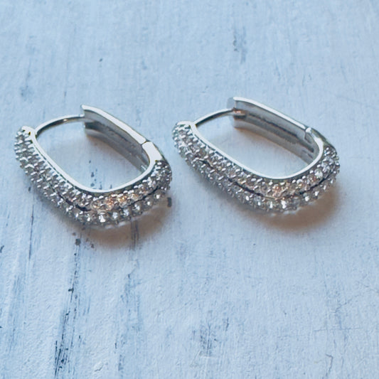 Silver & CZ Square Hoop Hinge Earrings