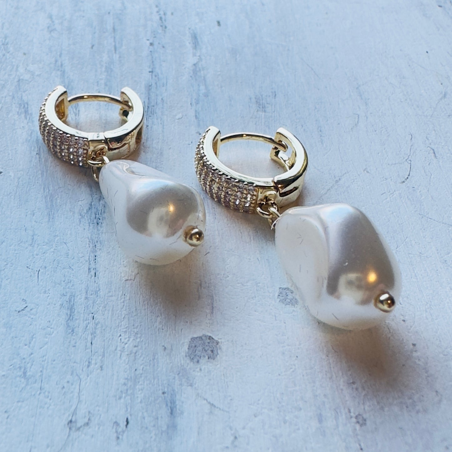 Gold & CZ Mini Hoop & Pearl Drop Earring