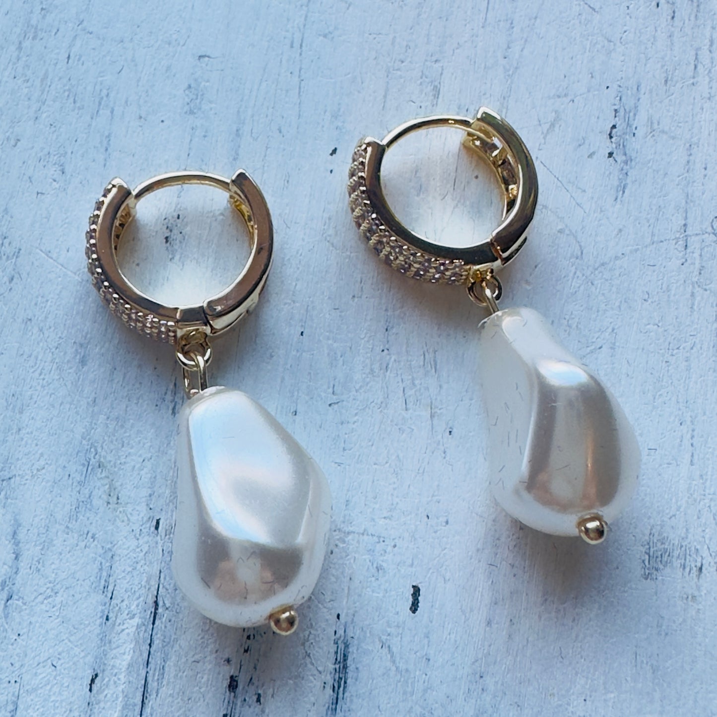 Gold & CZ Mini Hoop & Pearl Drop Earring