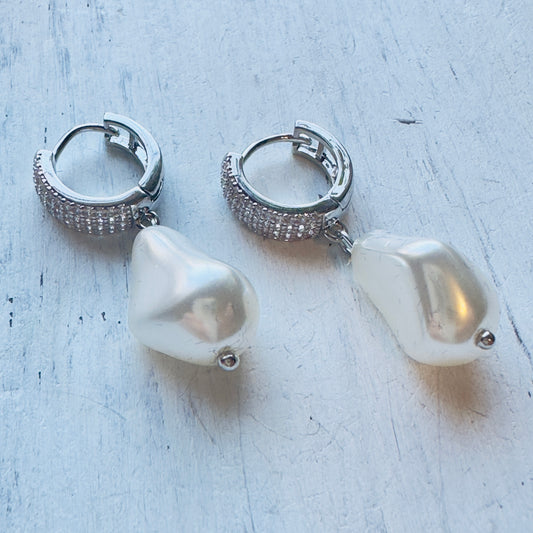 Silver & CZ Mini Hoop & Pearl Drop Earring