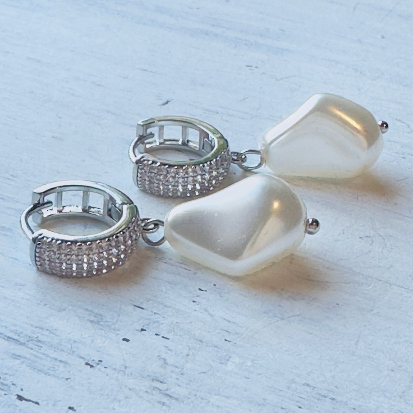 Silver & CZ Mini Hoop & Pearl Drop Earring