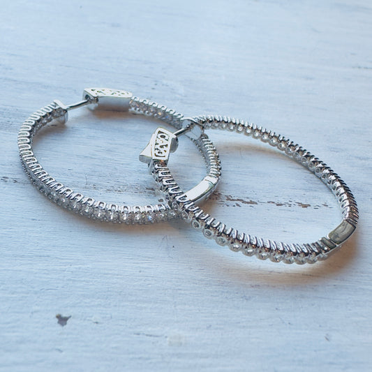 1.5" Silver CZ Hinged Hoop Earrings