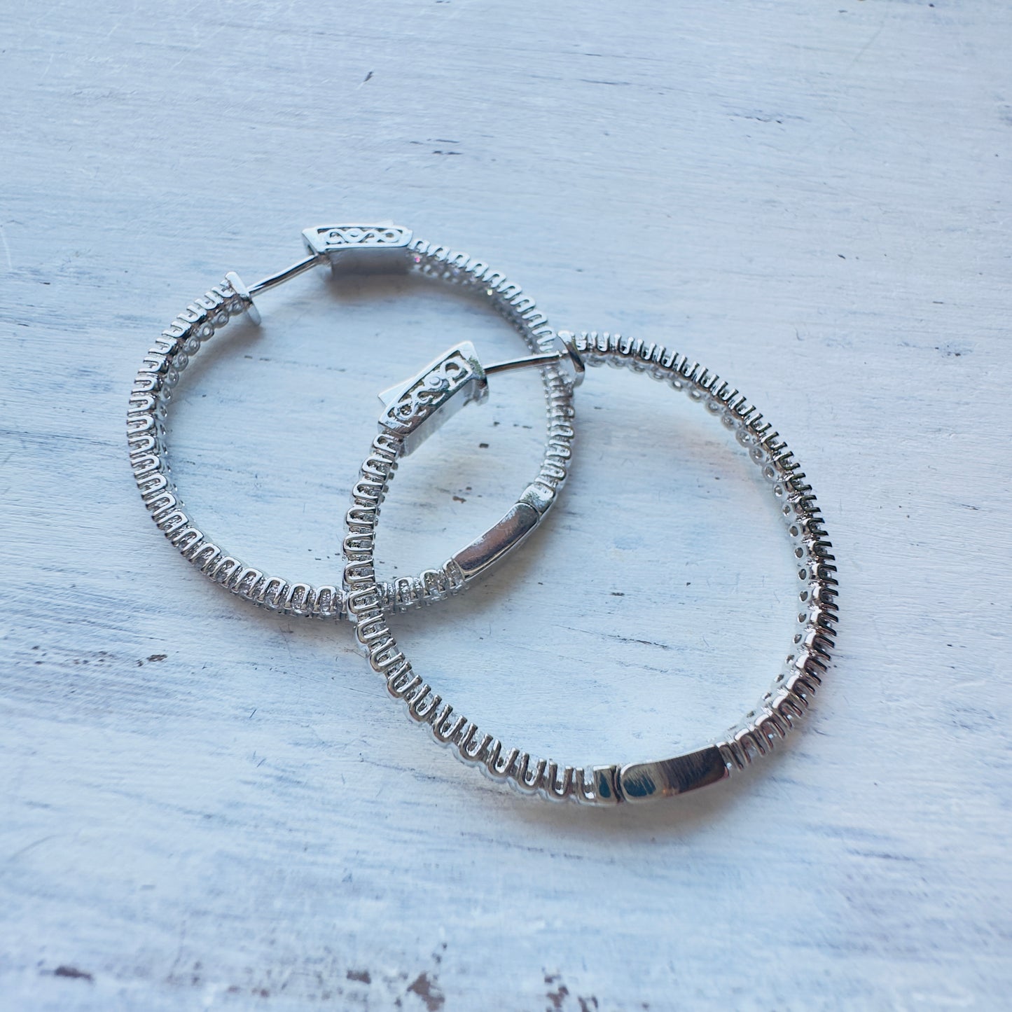 1.5" Silver CZ Hinged Hoop Earrings