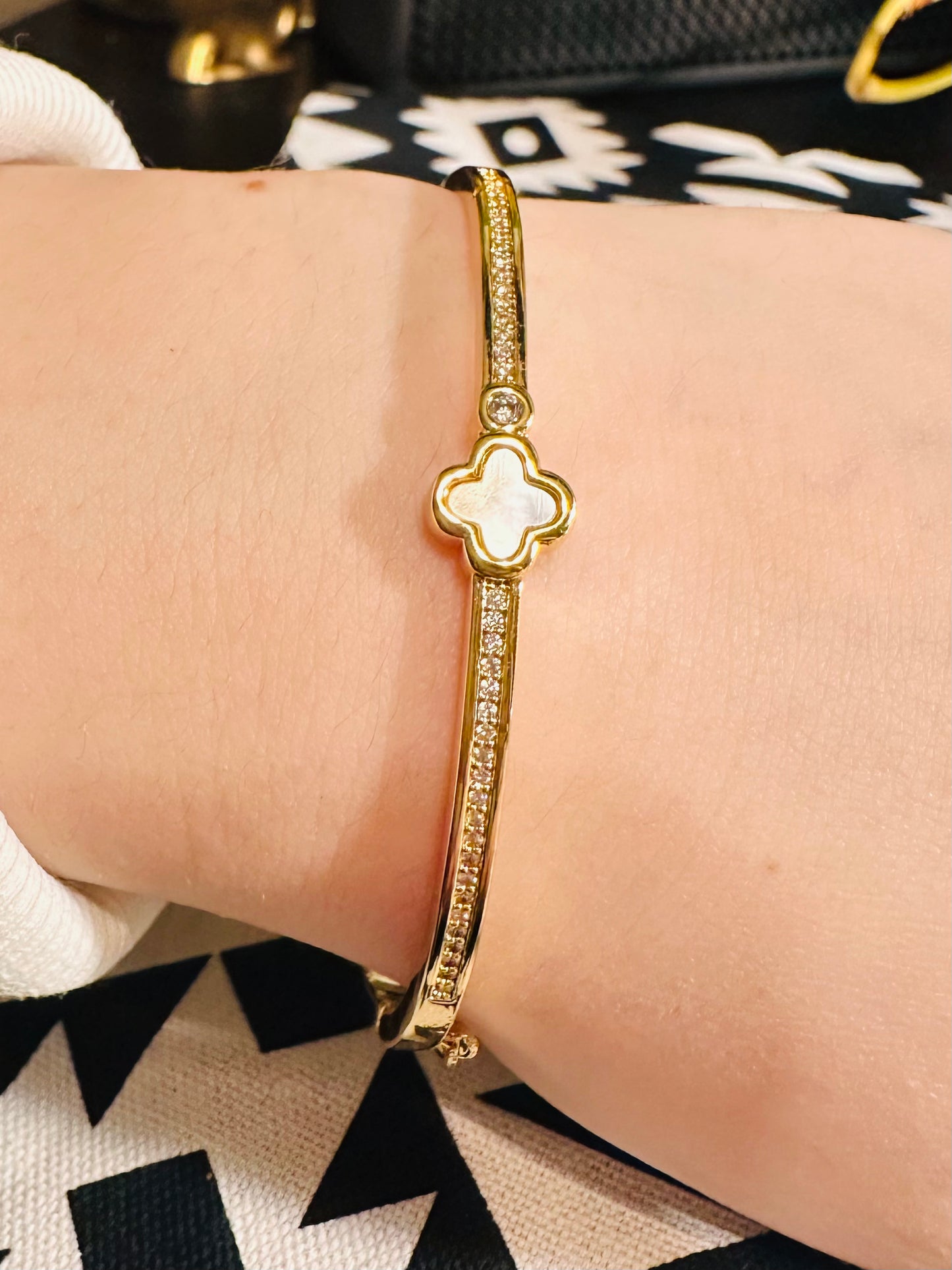 Gold, CZ, & White Clover Bangle Bracelet