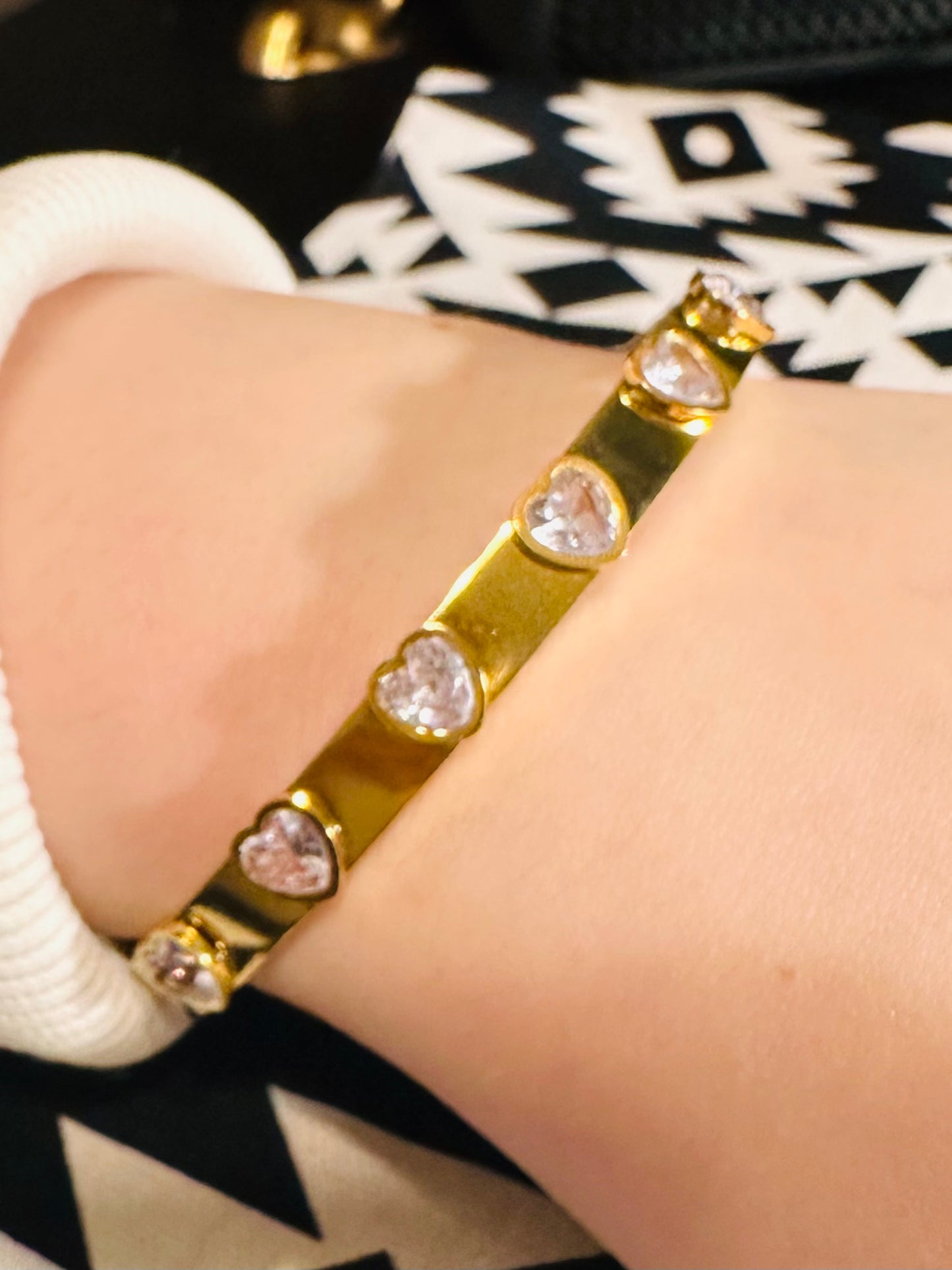 Shiny Gold Bangle with Heart CZ Stones