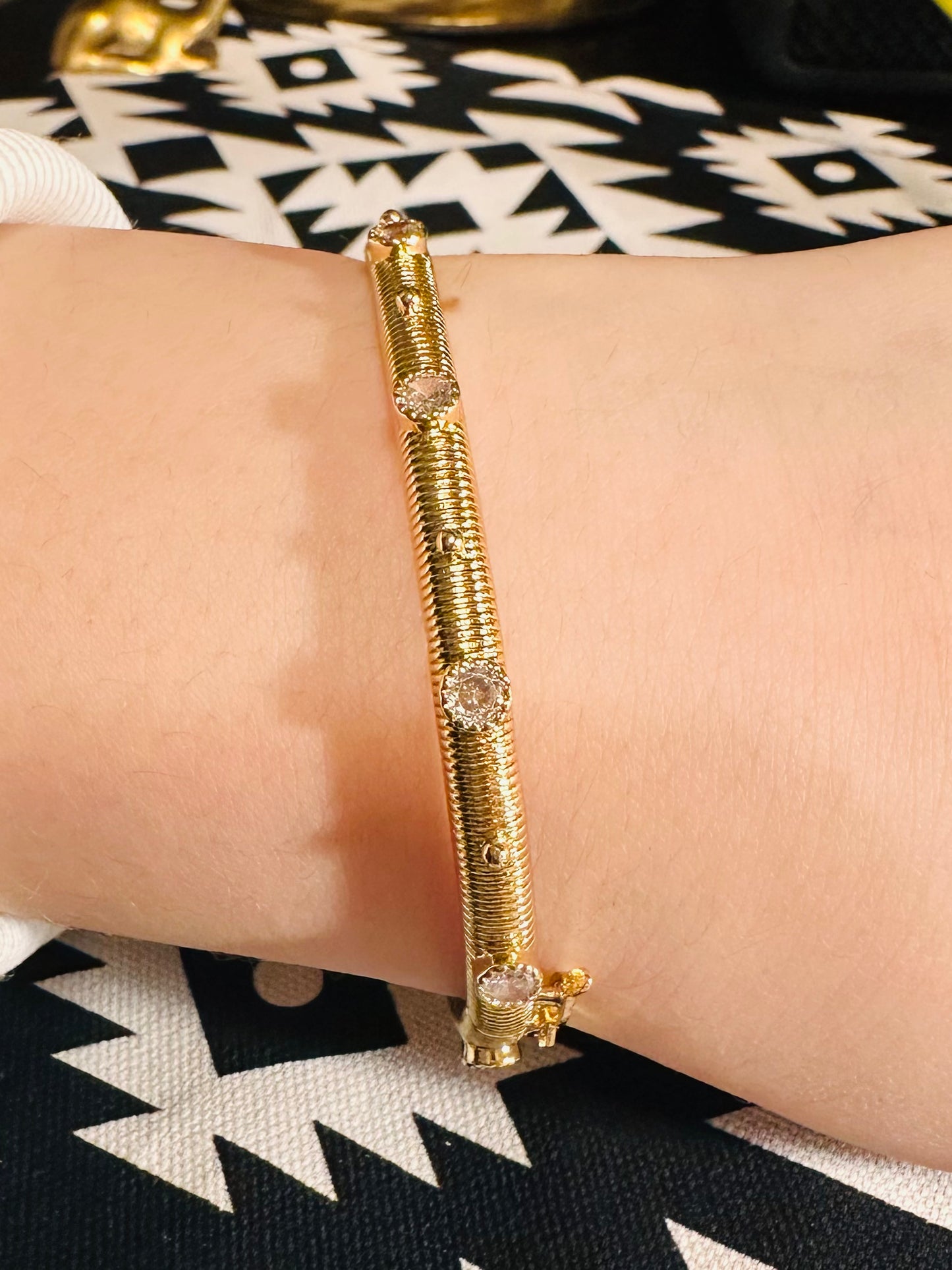 Gold Ribbed Bangle with CZ Stones