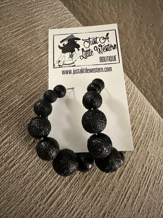 1.5" Black Glitter Beaded Hoop Earrings