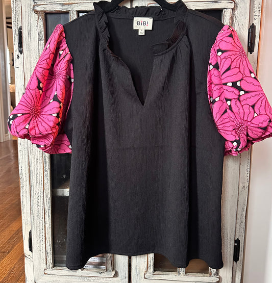 Crinkle Bodice Puff Sleeve Top