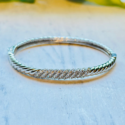 Silver & CZ Twisted Hinged Bangle Bracelet