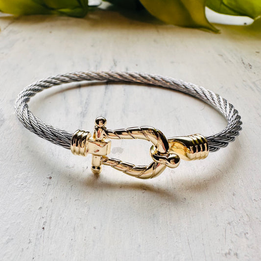 Silver Cable Bangle With Gold Buckle