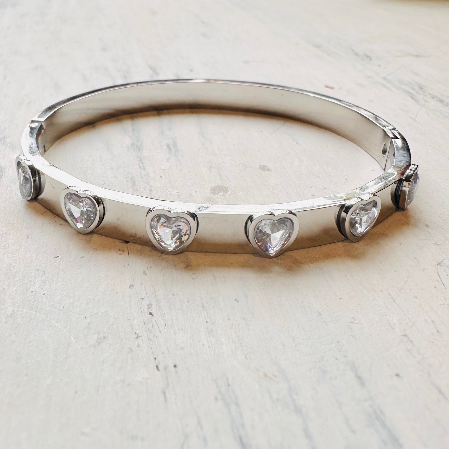 Shiny Silver Bangle with Heart CZ Stones