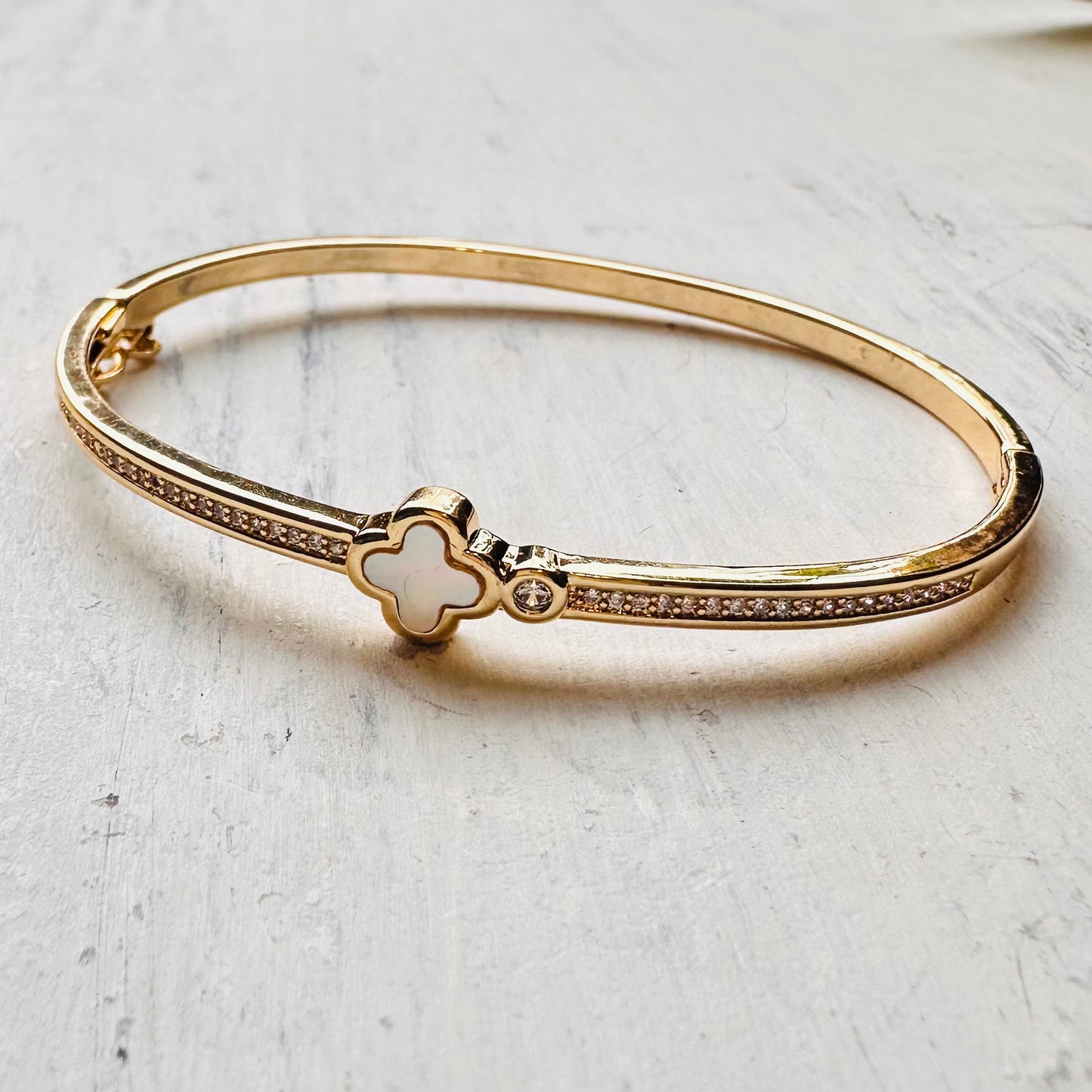 Gold, CZ, & White Clover Bangle Bracelet