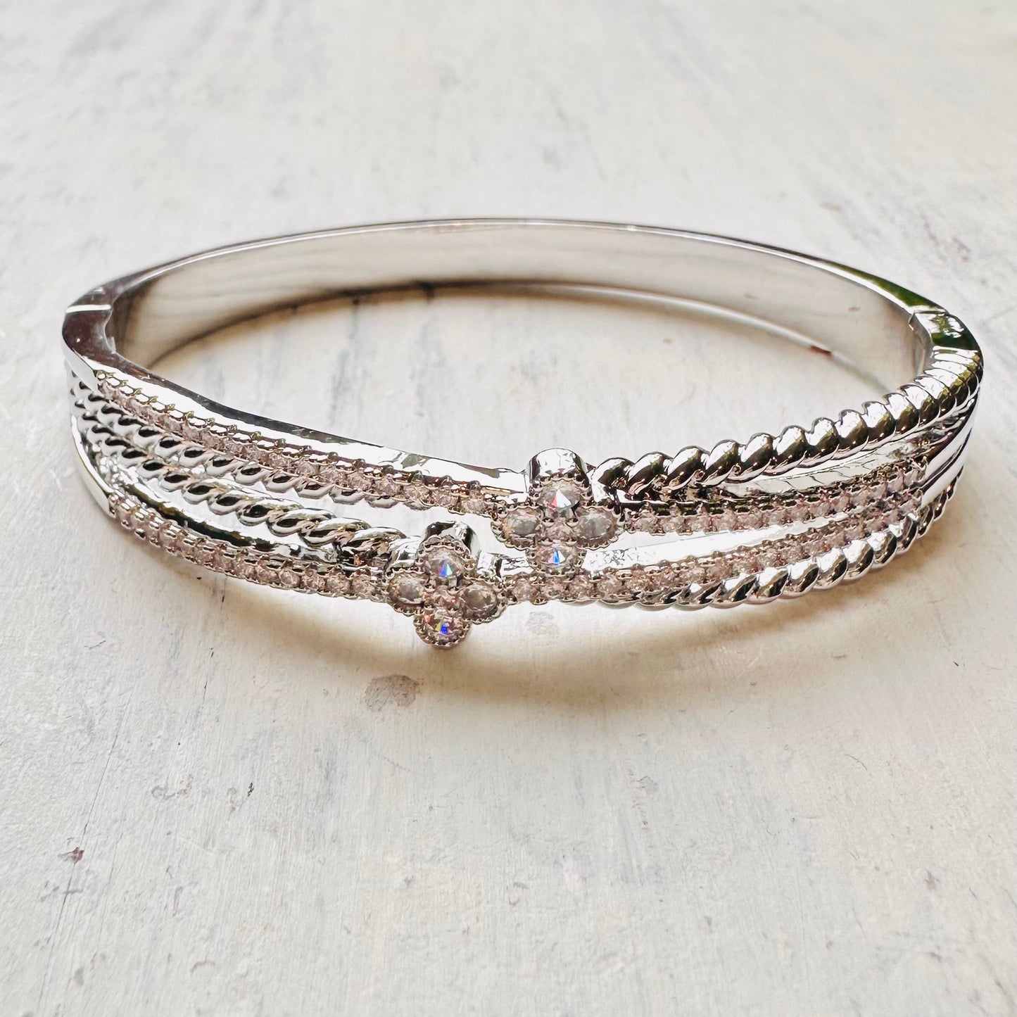 Silver & CZ Double Clover Bangle