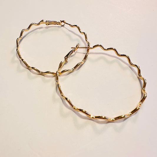 2.25" Gold Wavy Hoop Earrings