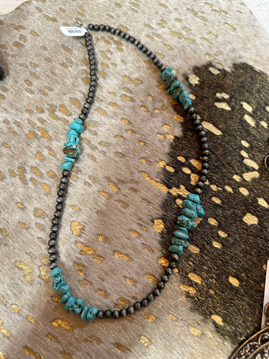 24" Pearl and Turquoise Stone Necklace